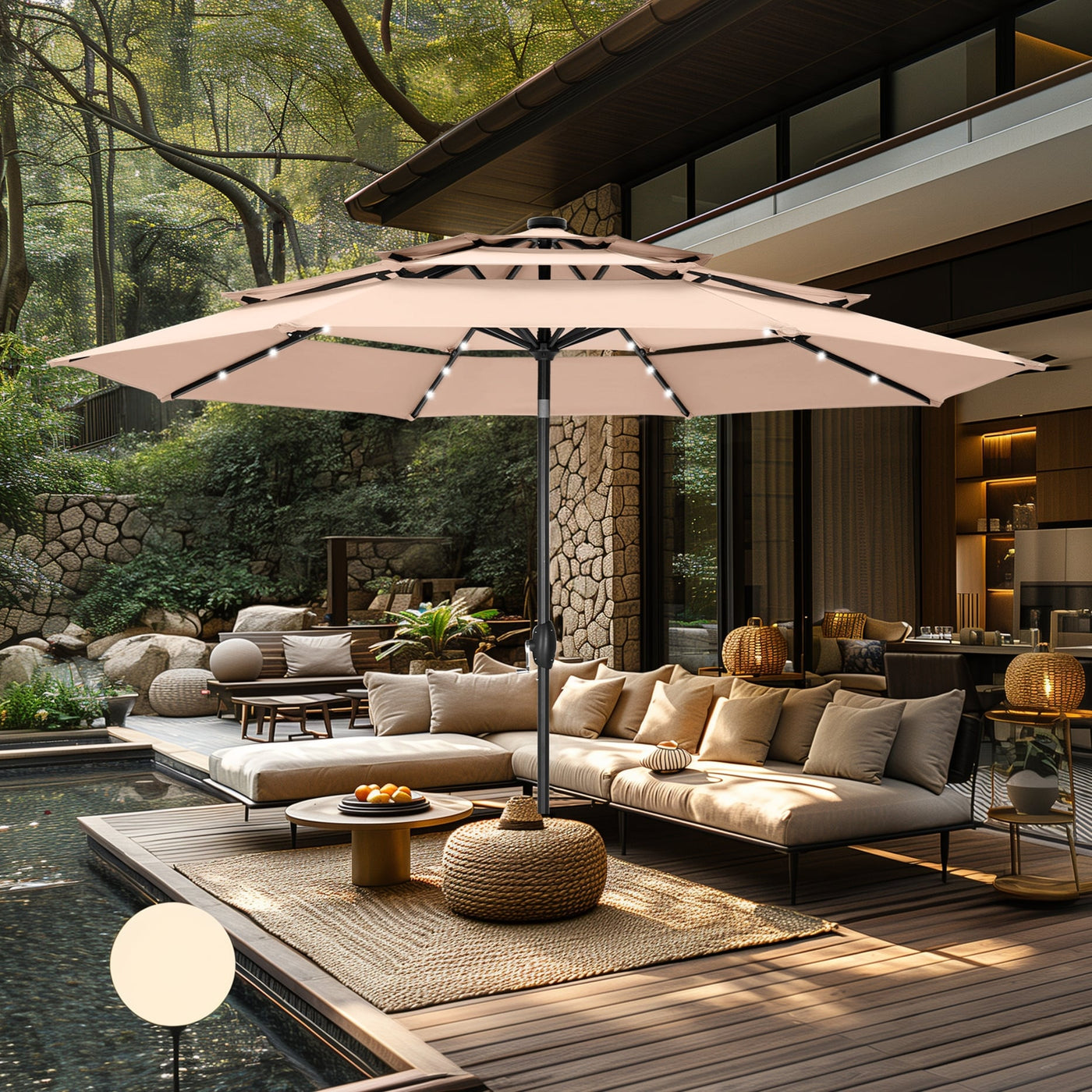 MAISON ARTS 10ft 3 Tier Auto-tilt Patio Umbrella Outdoor Double Vented Umbrella with LED Lights