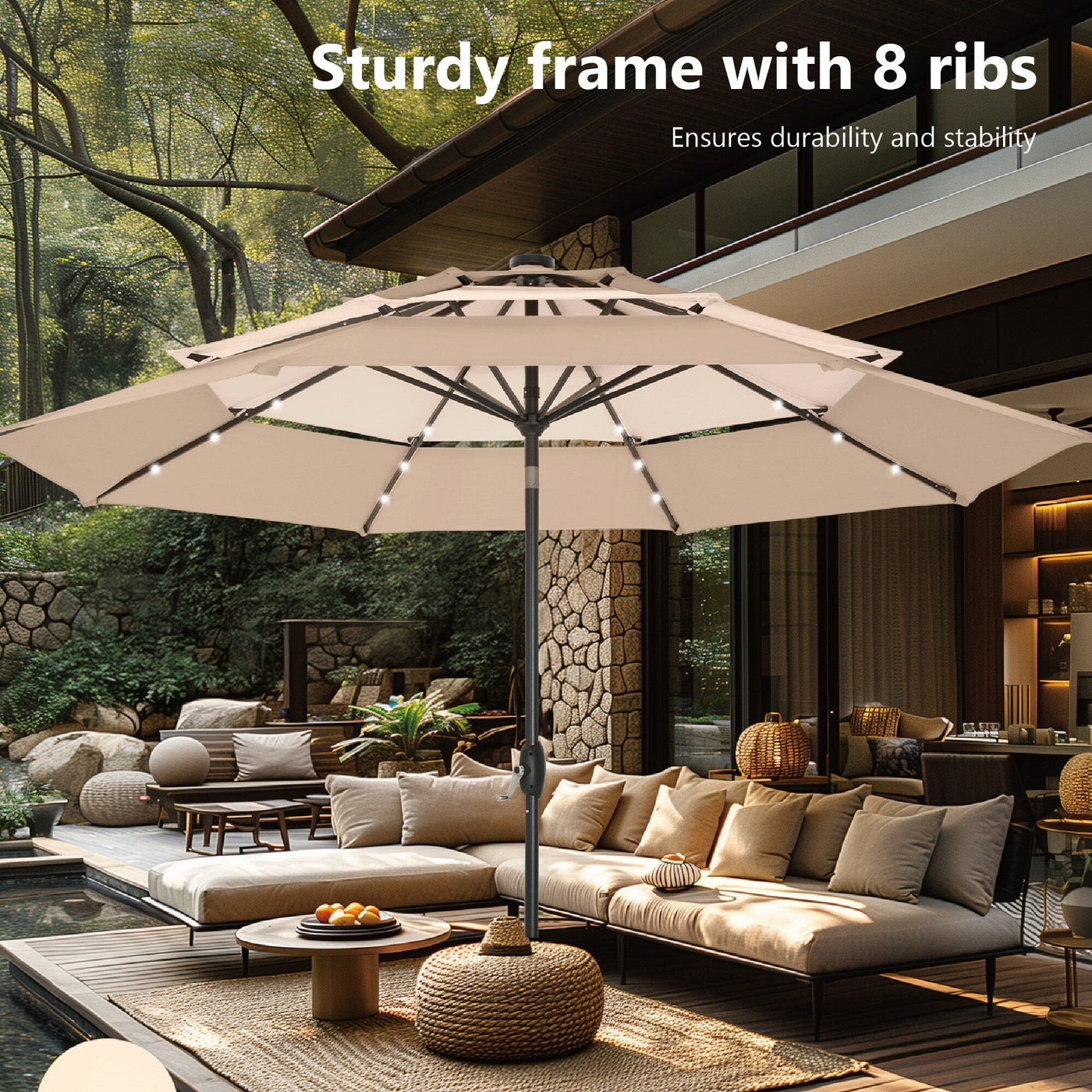 MAISON ARTS 10ft 3 Tier Auto-tilt Patio Umbrella Outdoor Double Vented Umbrella with LED Lights