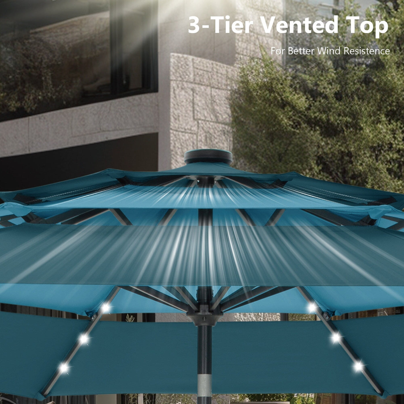 MAISON ARTS 10ft 3 Tier Auto-tilt Patio Umbrella Outdoor Double Vented Umbrella with LED Lights