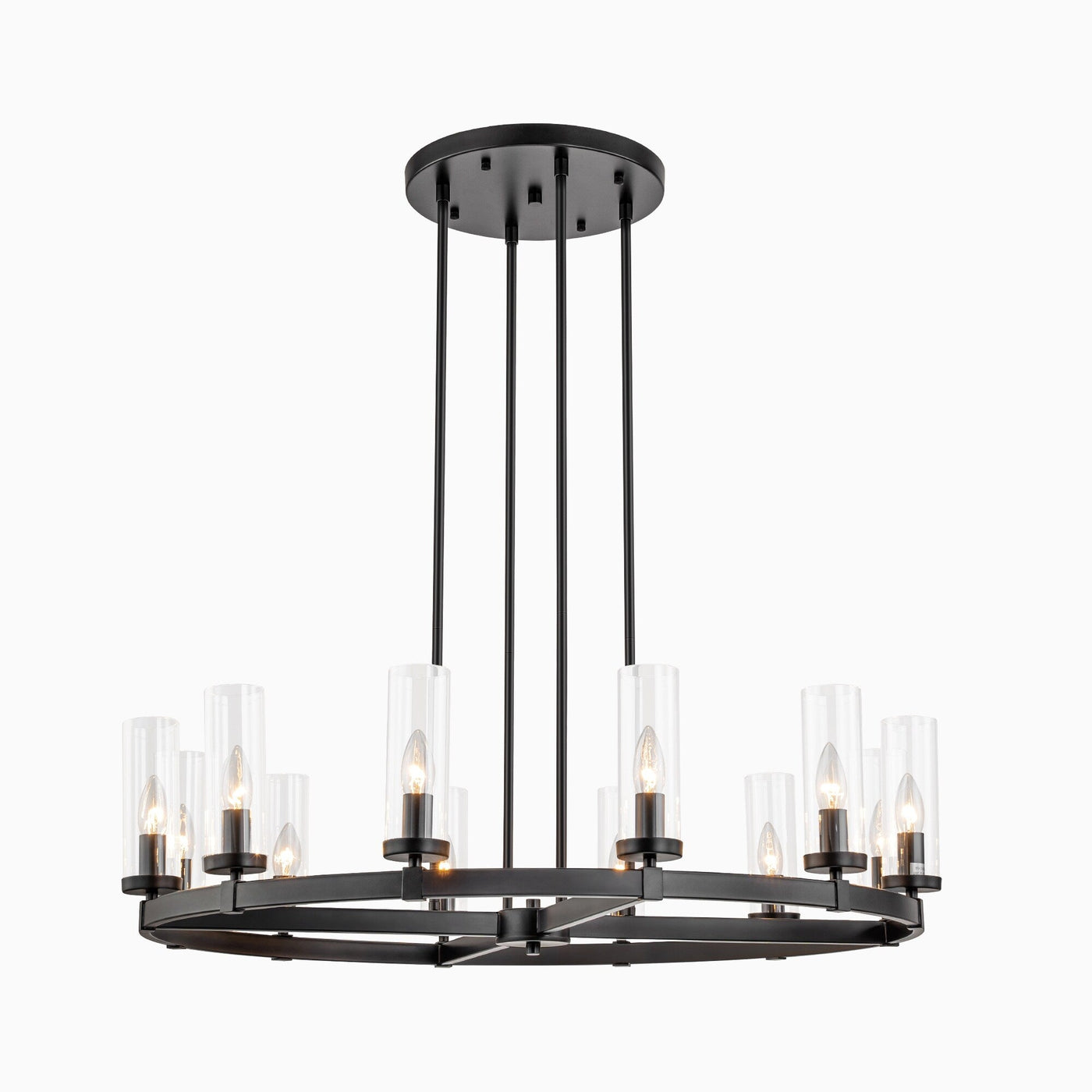 12-Light Mid-Century Modern Cylinder Clear Glass Wagon Wheel Chandelier Gold/Black Large Chandelier