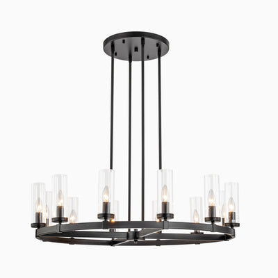 12-Light Mid-Century Modern Cylinder Clear Glass Wagon Wheel Chandelier Gold/Black Large Chandelier