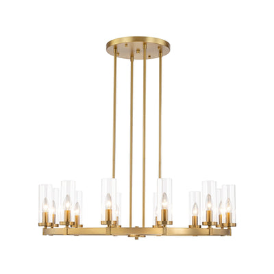 12-Light Mid-Century Modern Cylinder Clear Glass Wagon Wheel Chandelier Gold/Black Large Chandelier