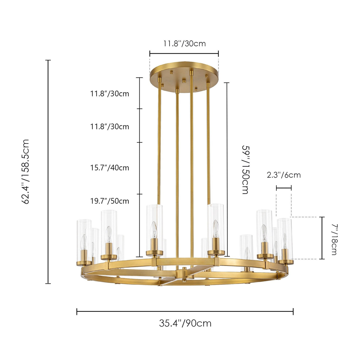 12-Light Mid-Century Modern Cylinder Clear Glass Wagon Wheel Chandelier Gold/Black Large Chandelier