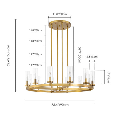 12-Light Mid-Century Modern Cylinder Clear Glass Wagon Wheel Chandelier Gold/Black Large Chandelier