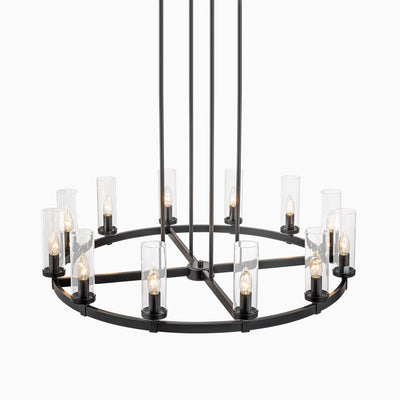 12-Light Mid-Century Modern Cylinder Clear Glass Wagon Wheel Chandelier Gold/Black Large Chandelier