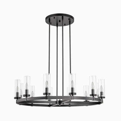 12-Light Mid-Century Modern Cylinder Clear Glass Wagon Wheel Chandelier Gold/Black Large Chandelier