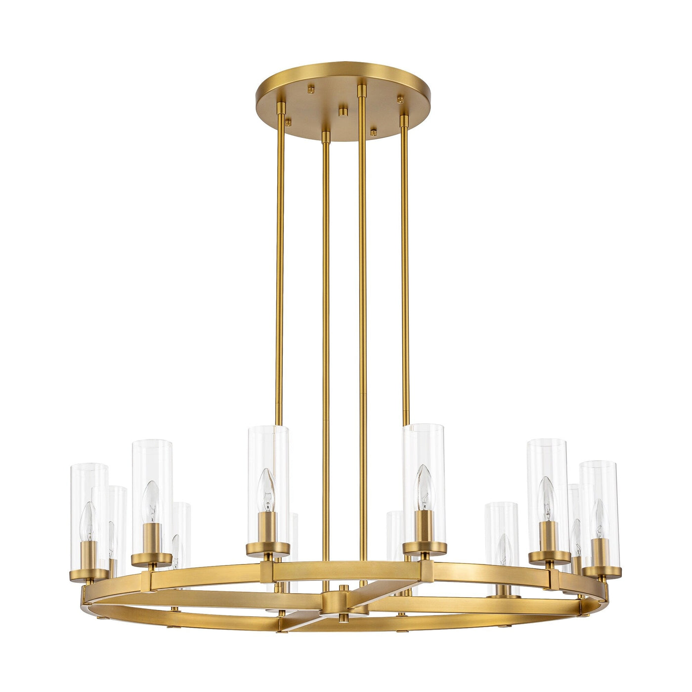 12-Light Mid-Century Modern Cylinder Clear Glass Wagon Wheel Chandelier Gold/Black Large Chandelier