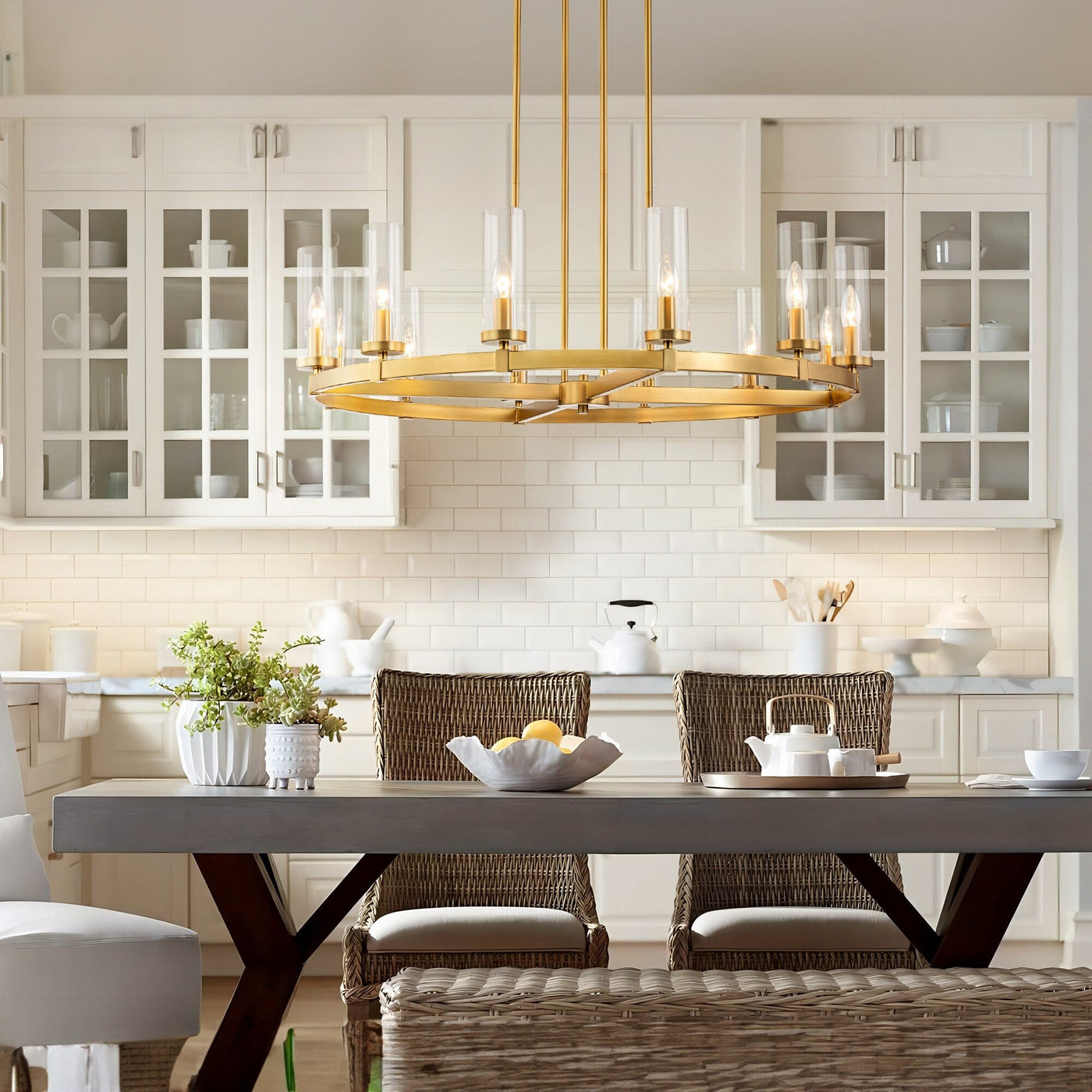 12-Light Mid-Century Modern Cylinder Clear Glass Wagon Wheel Chandelier Gold/Black Large Chandelier