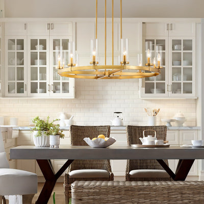 12-Light Mid-Century Modern Cylinder Clear Glass Wagon Wheel Chandelier Gold/Black Large Chandelier