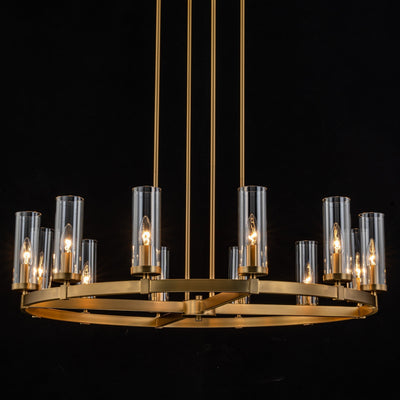 12-Light Mid-Century Modern Cylinder Clear Glass Wagon Wheel Chandelier Gold/Black Large Chandelier
