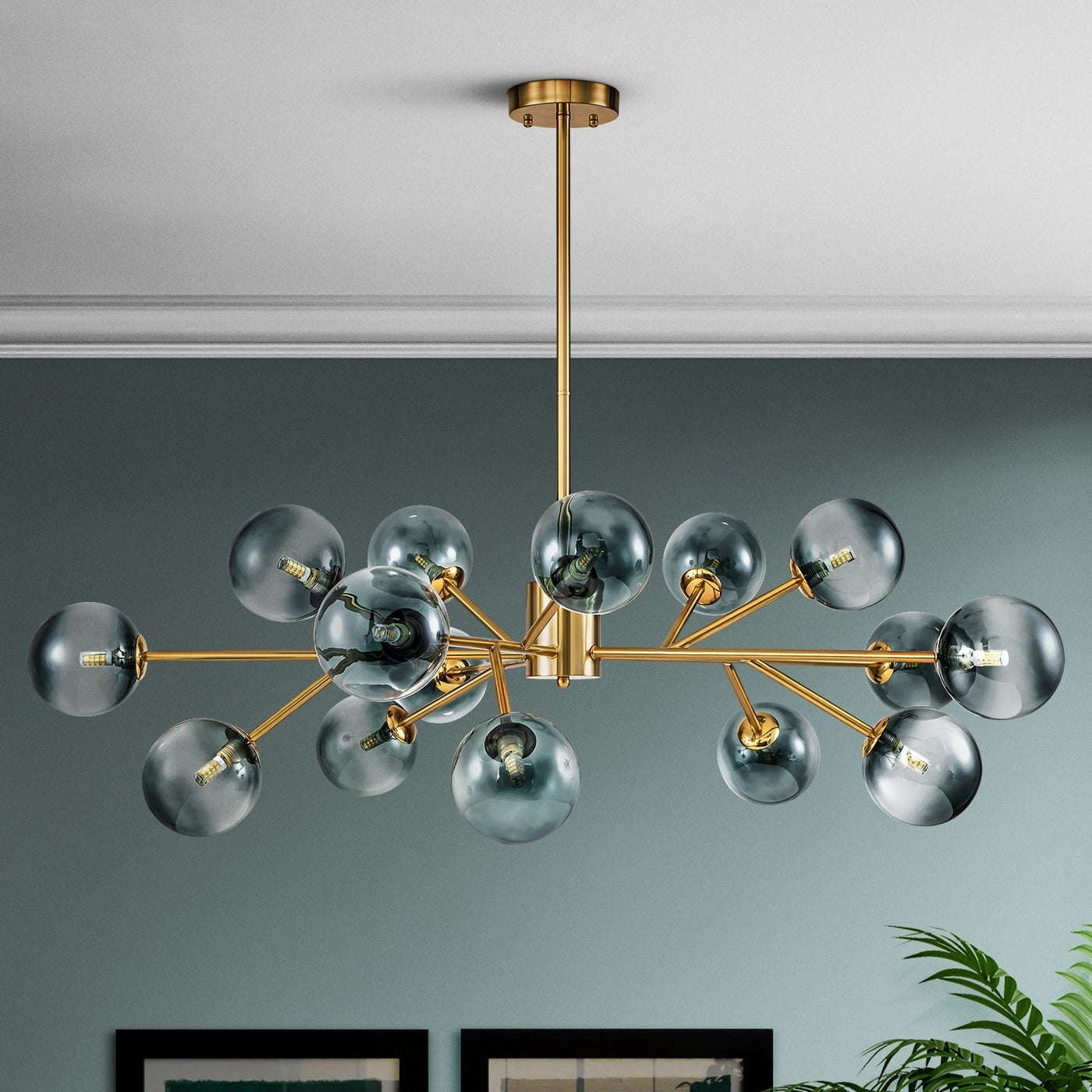 15-Light Modern Linear Sputnik Kitchen Island Light Branch Cluster Glass Globe Bubble Chandelier