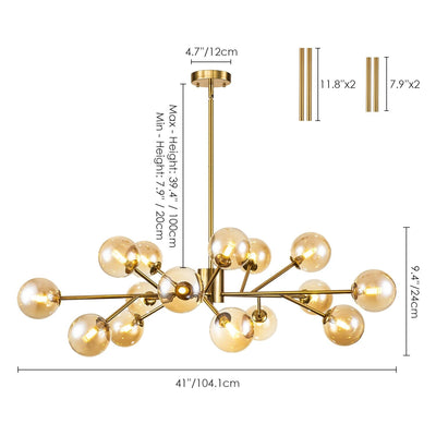 15-Light Modern Linear Sputnik Kitchen Island Light Branch Cluster Glass Globe Bubble Chandelier
