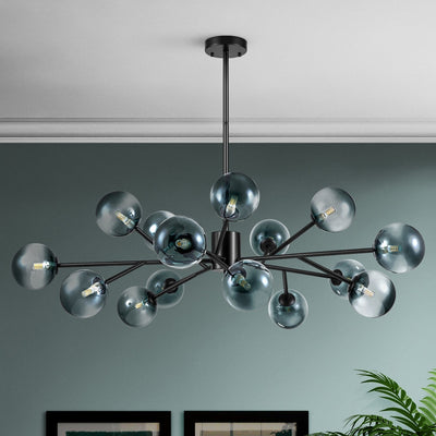 15-Light Modern Linear Sputnik Kitchen Island Light Branch Cluster Glass Globe Bubble Chandelier