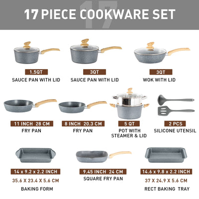 17-Piece Kitchen Granite Cookware Set, Non-stick Cooking Pots and Pans Set