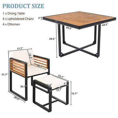 18-Pieces Acacia Wood Patio Dining Set, 8 Cushioned Chairs & 8 Ottomans & 2 Square Table