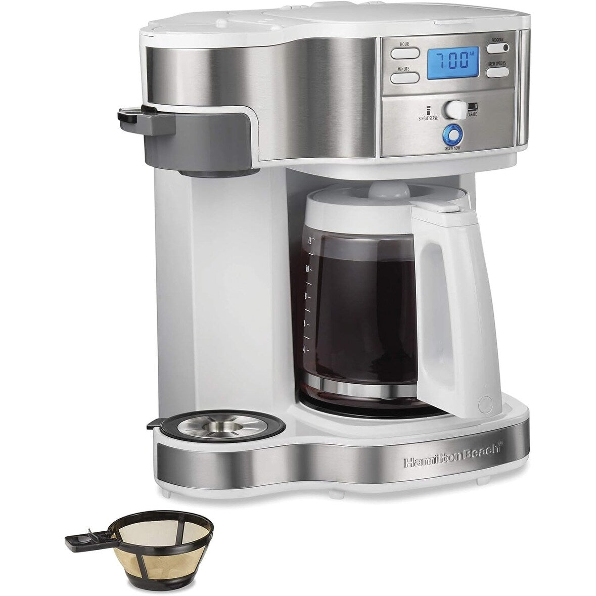2-Way 12-Cup Coffee Maker & Single Serve, Glass Carafe, Auto Pause & Pour, White