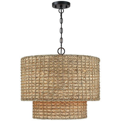 4-Light Natural Rattan Traditional Drum Pendant Light Black Canopy - Black/earthy - 20 in. W