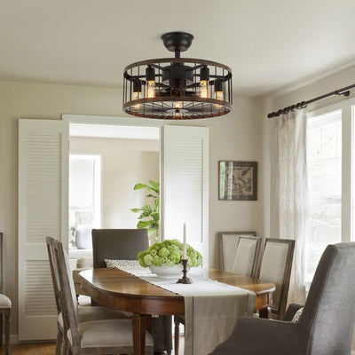 20 in. Low Profile Ceiling Fan Light Modern Farmhouse Wood Finish Caged Ceiling Fan with Light and Remote