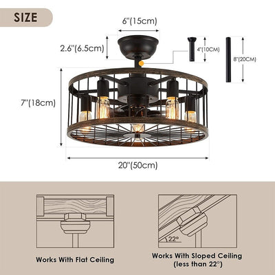 20 in. Low Profile Ceiling Fan Light Modern Farmhouse Wood Finish Caged Ceiling Fan with Light and Remote