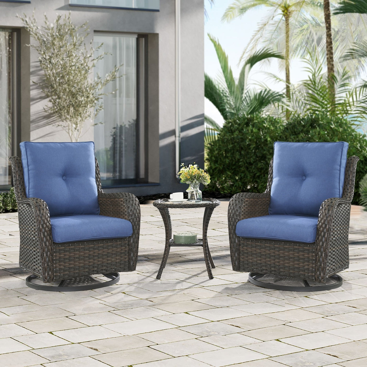 Gymojoy 3 Piece Outdoor Wicker Swivel Rocker with Cushion & Table