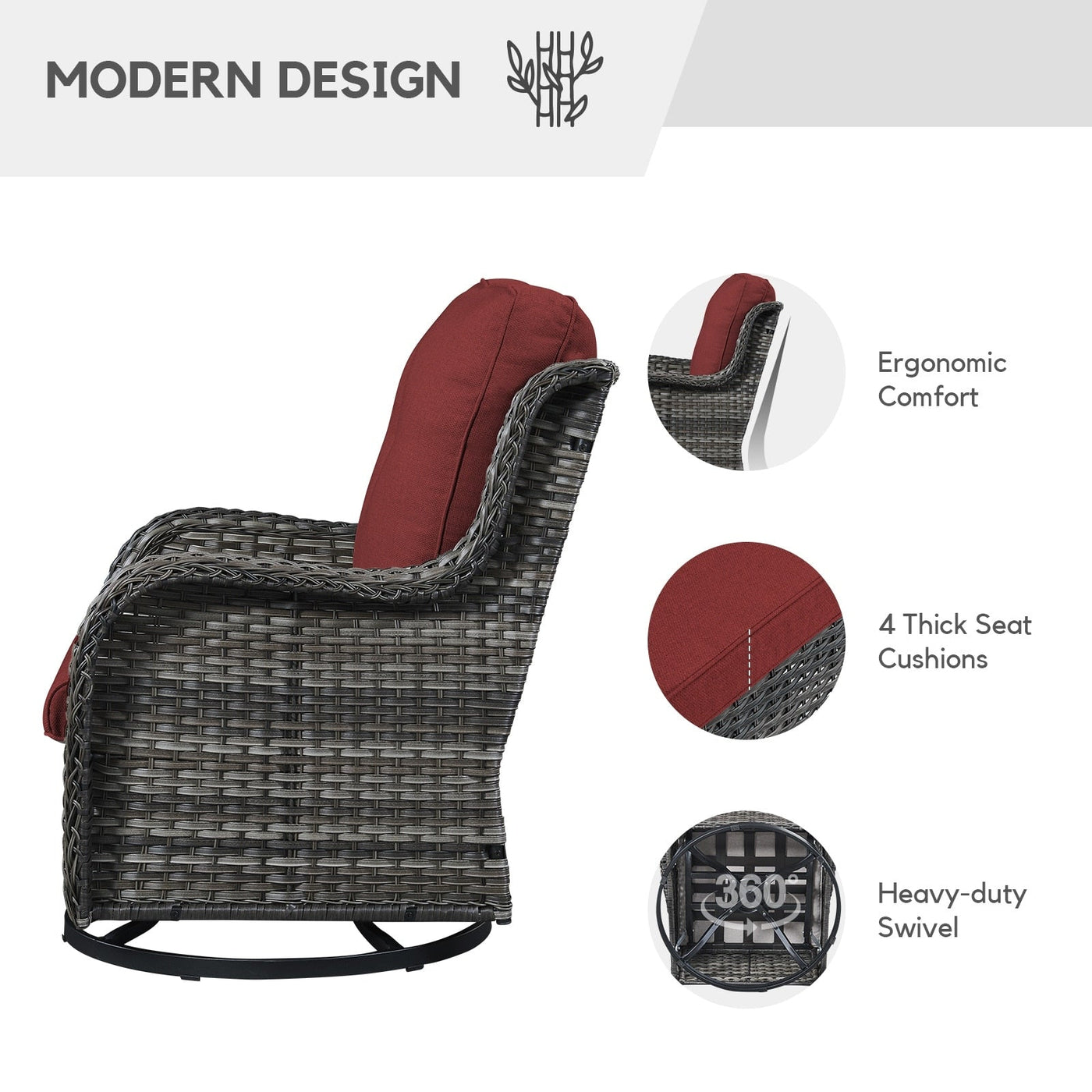 Gymojoy 3 Piece Outdoor Wicker Swivel Rocker with Cushion & Table