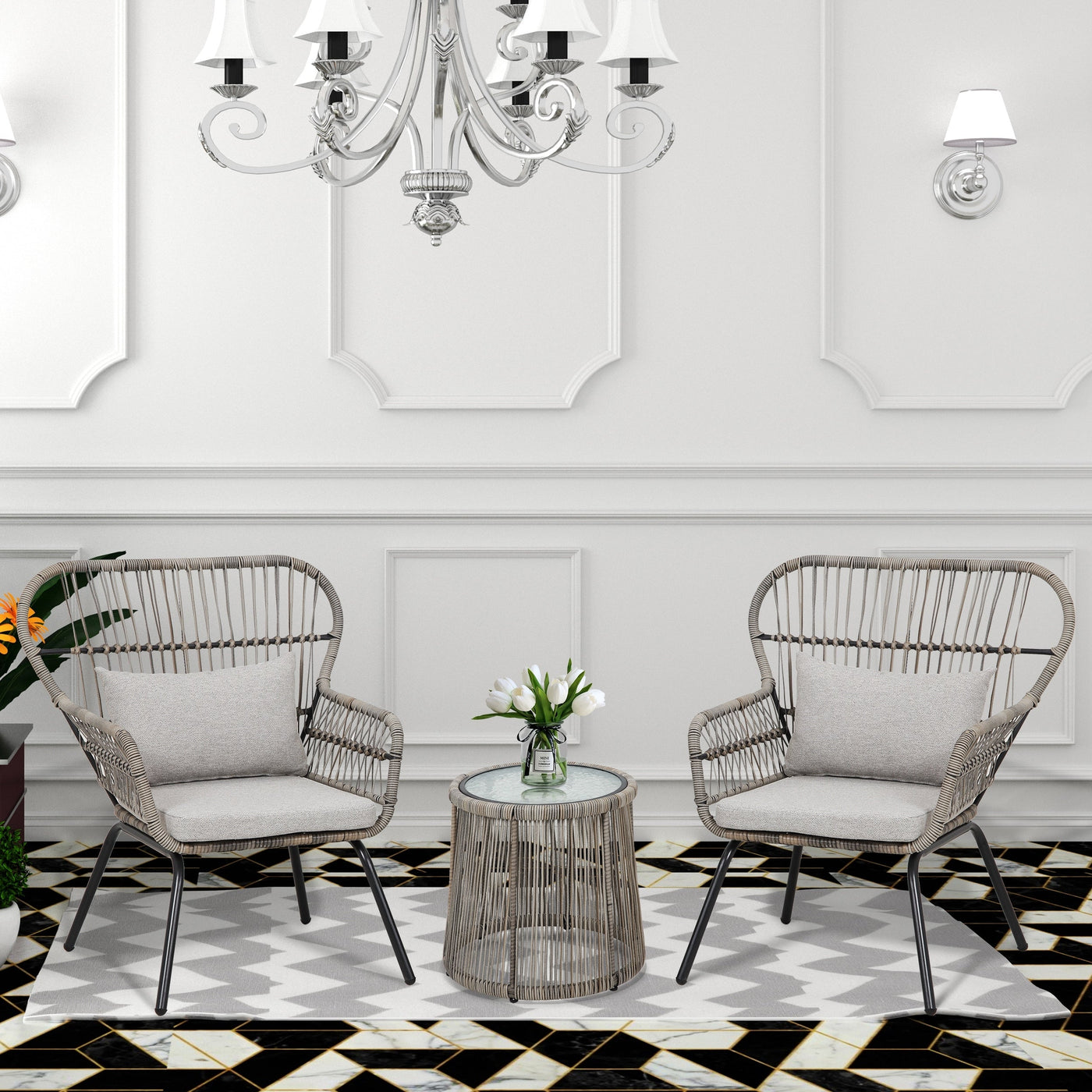 3 Piece Outdoor Wicker Conversation Bistro Set, All-Weather Rattan Furniture Patio Chairs Set with Cushions