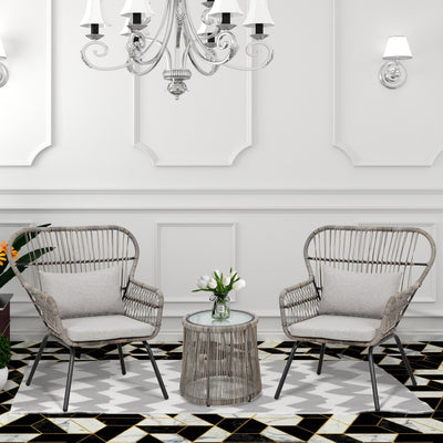 3 Piece Outdoor Wicker Conversation Bistro Set, All-Weather Rattan Furniture Patio Chairs Set with Cushions