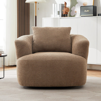 360¡ã Swivel Chair, 38.2 Boucle Accent Chair with Throw Pillow, Upholstered Barrel Sofa Chair with Curved Armrests