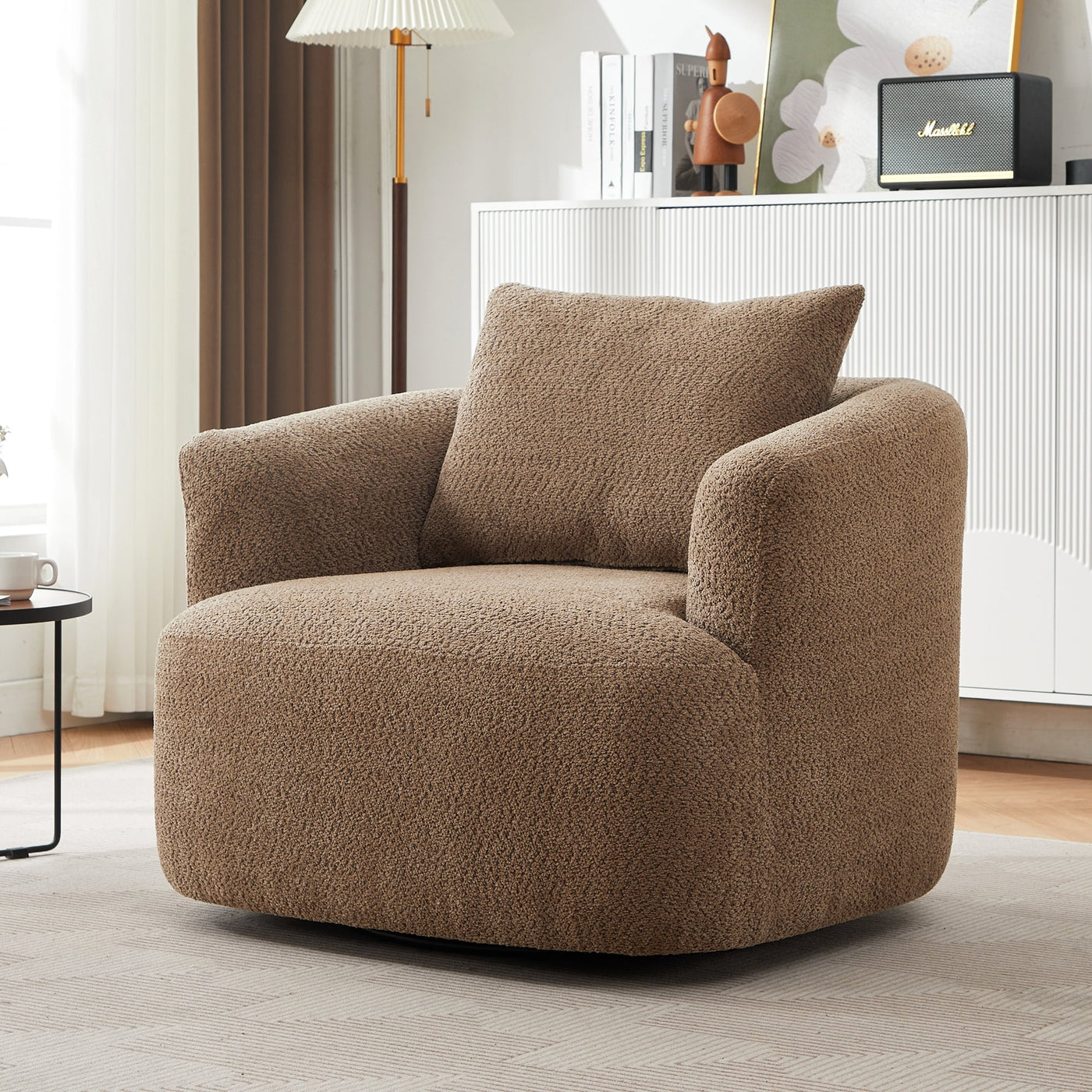 360¡ã Swivel Chair, 38.2 Boucle Accent Chair with Throw Pillow, Upholstered Barrel Sofa Chair with Curved Armrests