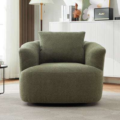360¡ã Swivel Chair, 38.2 Boucle Accent Chair with Throw Pillow, Upholstered Barrel Sofa Chair with Curved Armrests