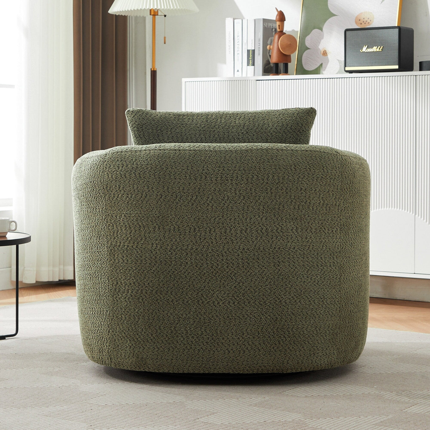 360¡ã Swivel Chair, 38.2 Boucle Accent Chair with Throw Pillow, Upholstered Barrel Sofa Chair with Curved Armrests