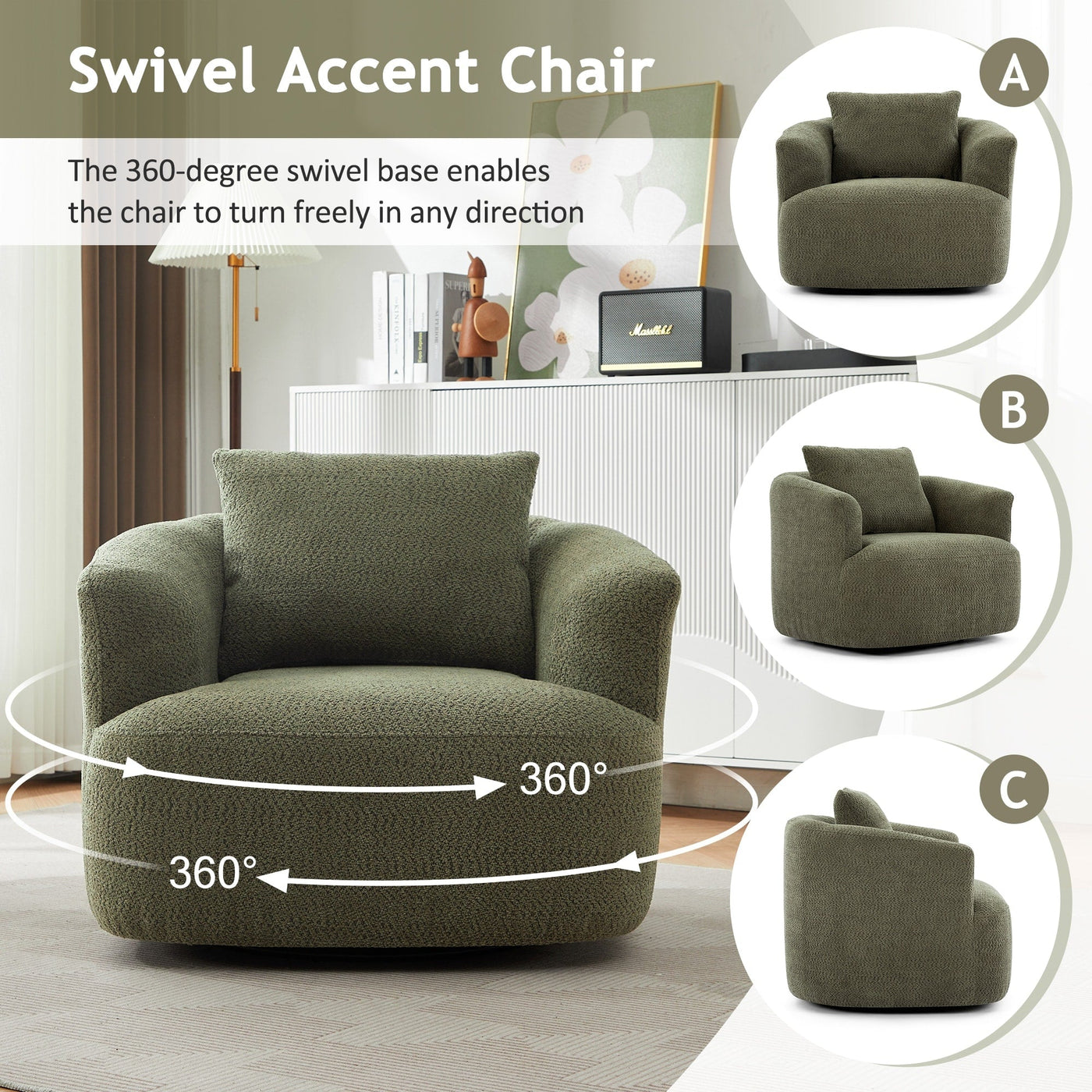 360¡ã Swivel Chair, 38.2 Boucle Accent Chair with Throw Pillow, Upholstered Barrel Sofa Chair with Curved Armrests