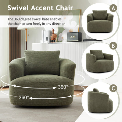 360¡ã Swivel Chair, 38.2 Boucle Accent Chair with Throw Pillow, Upholstered Barrel Sofa Chair with Curved Armrests