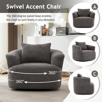 360¡ã Swivel Chair, 38.2 Boucle Accent Chair with Throw Pillow, Upholstered Barrel Sofa Chair with Curved Armrests