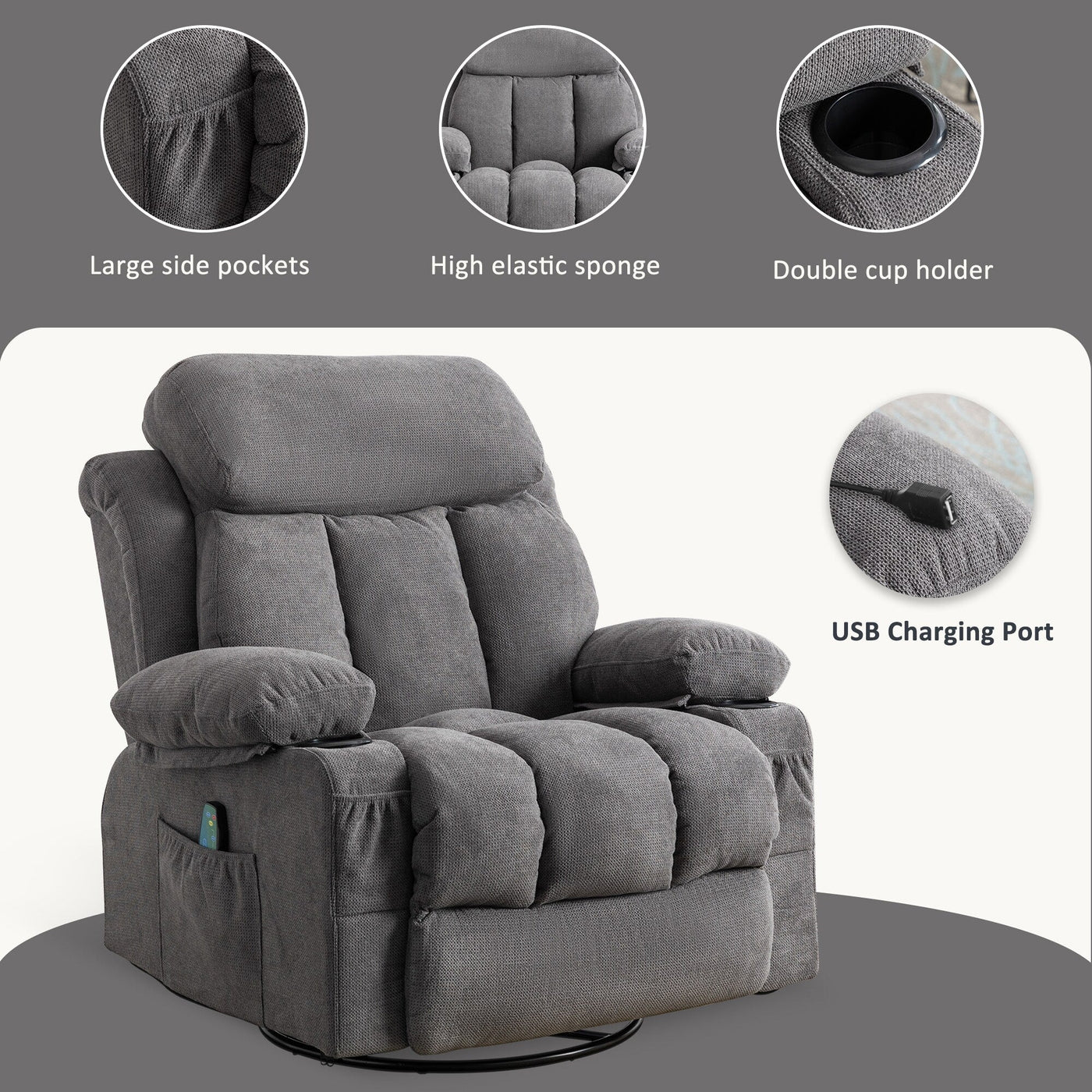 360¡ã Swivel Recliner Chair with Massage, Heat, USB, and Cup Holders