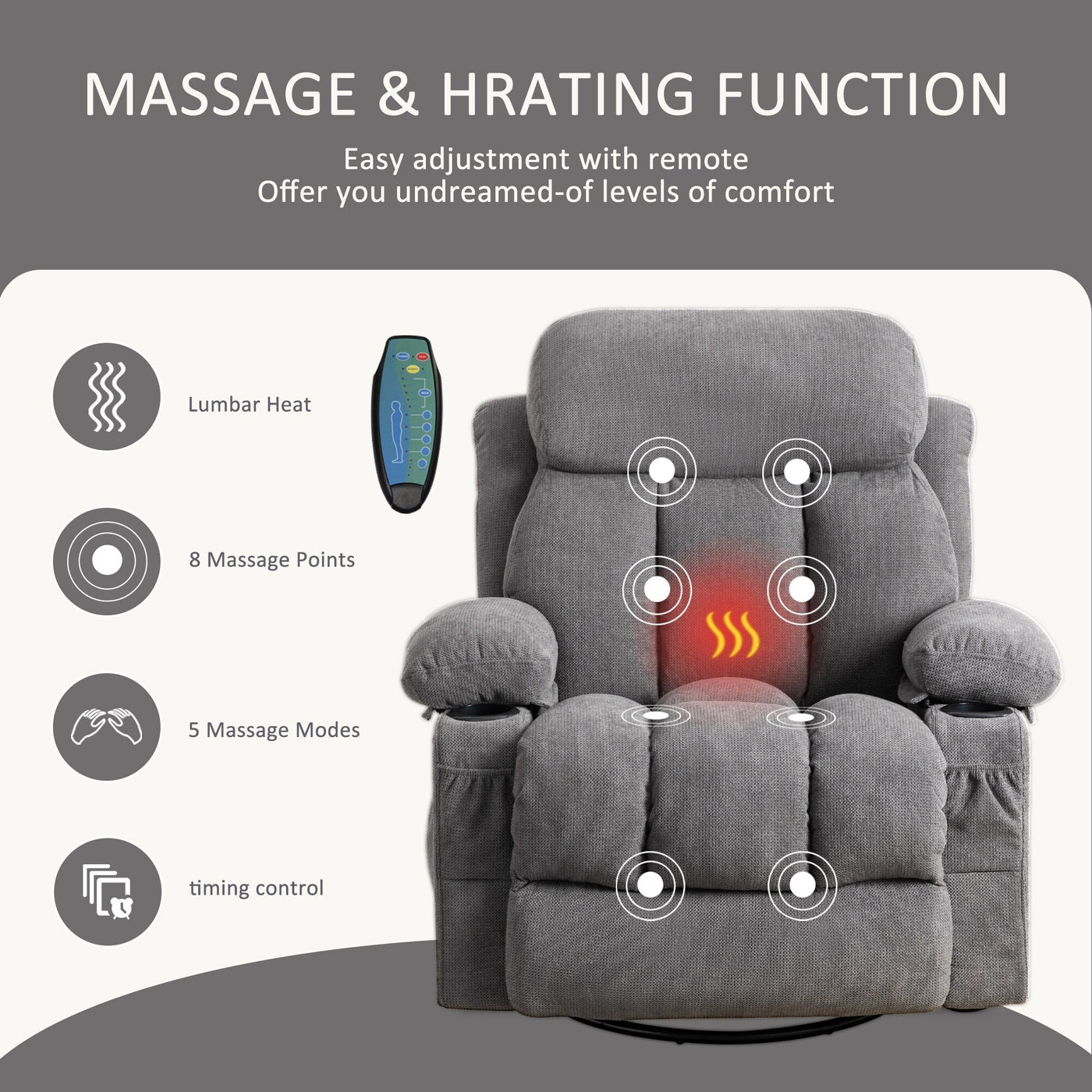360¡ã Swivel Recliner Chair with Massage, Heat, USB, and Cup Holders