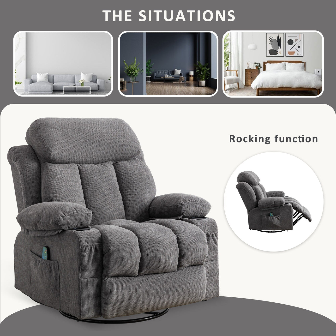 360¡ã Swivel Recliner Chair with Massage, Heat, USB, and Cup Holders