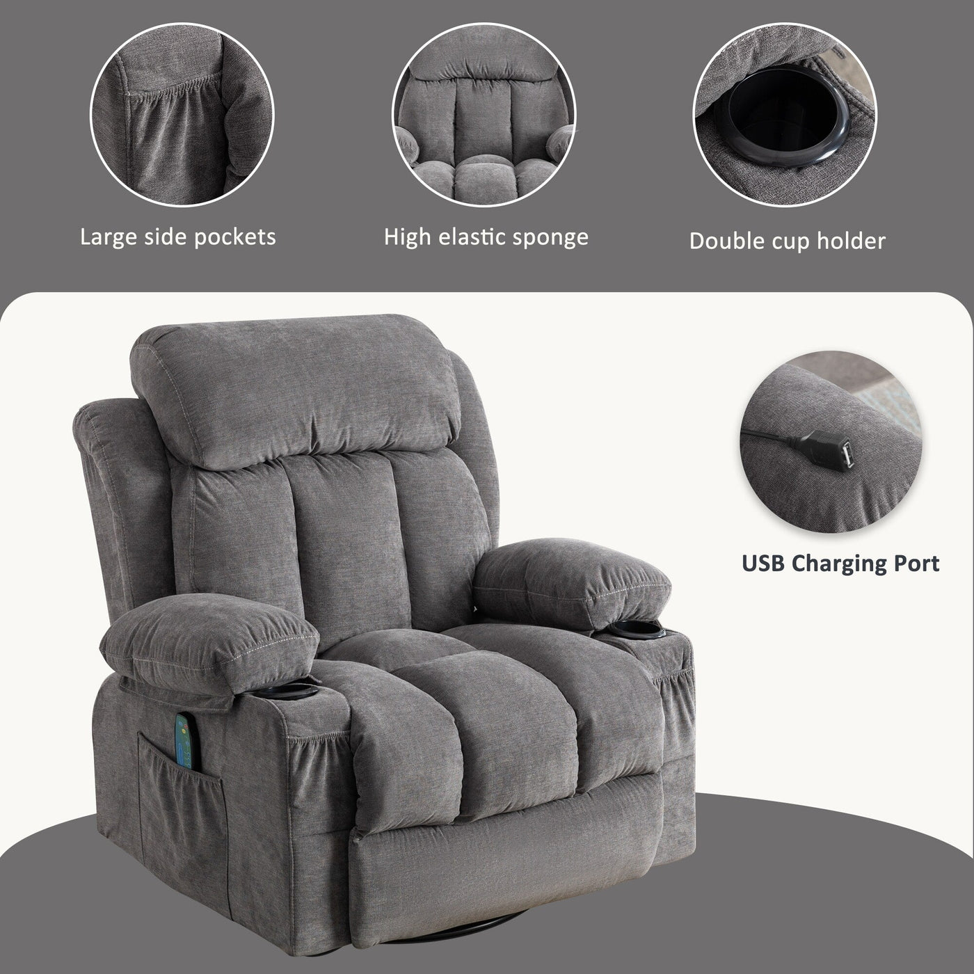 360¡ã Swivel Recliner Chair with Massage, Heat, USB, and Cup Holders