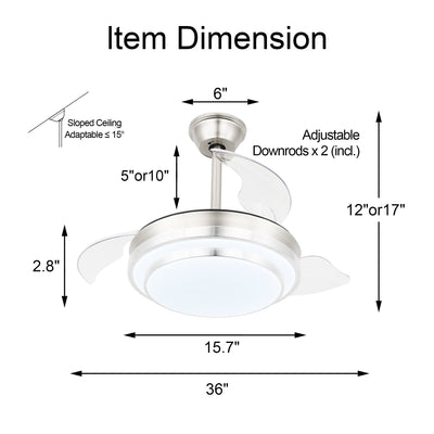 Bella Depot 36 Modern Retractable Ceiling Fan with Led Light, 6-Speed Reversible Blades with Remote