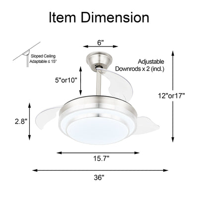 Bella Depot 36 Modern Retractable Ceiling Fan with Led Light, 6-Speed Reversible Blades with Remote