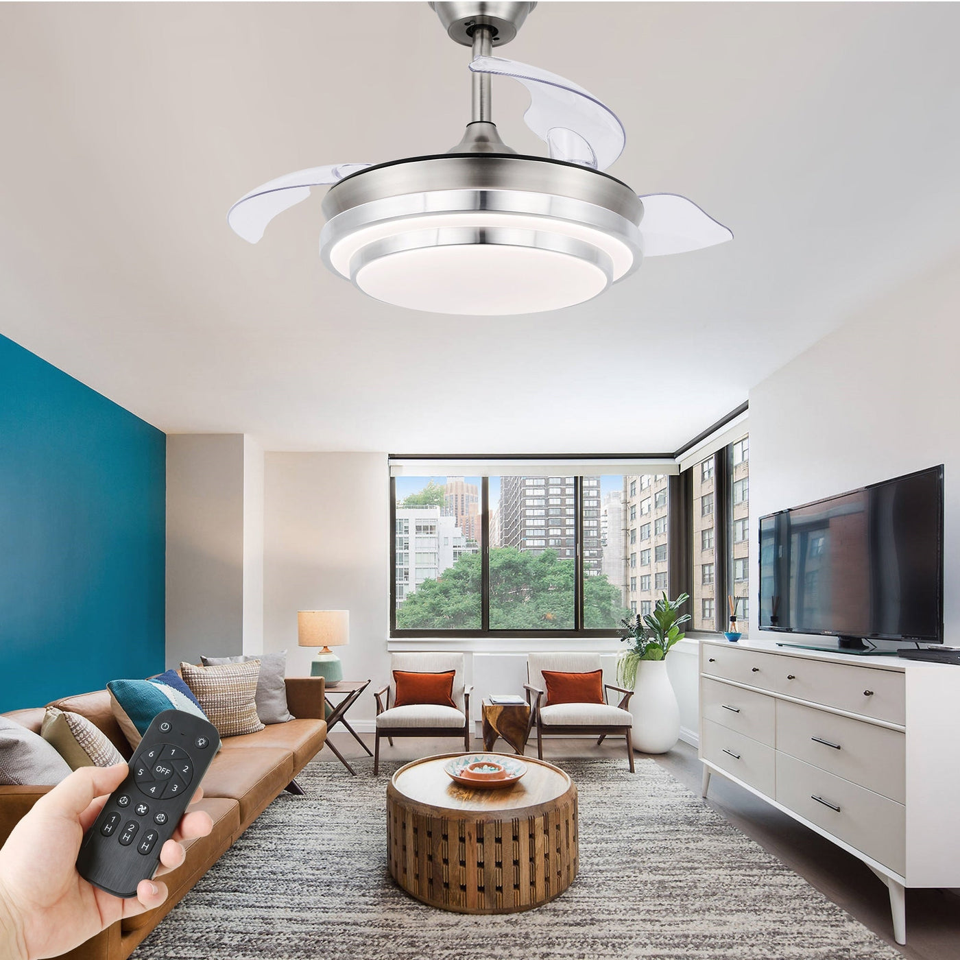 Bella Depot 36 Modern Retractable Ceiling Fan with Led Light, 6-Speed Reversible Blades with Remote