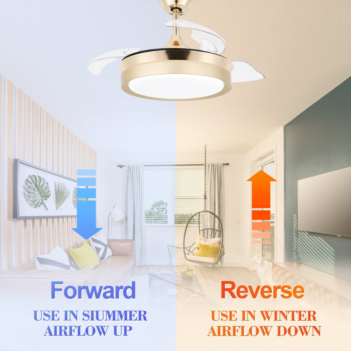 Bella Depot 36 Modern Retractable Ceiling Fan with Led Light, 6-Speed Reversible Blades with Remote