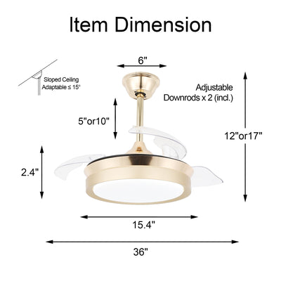 Bella Depot 36 Modern Retractable Ceiling Fan with Led Light, 6-Speed Reversible Blades with Remote
