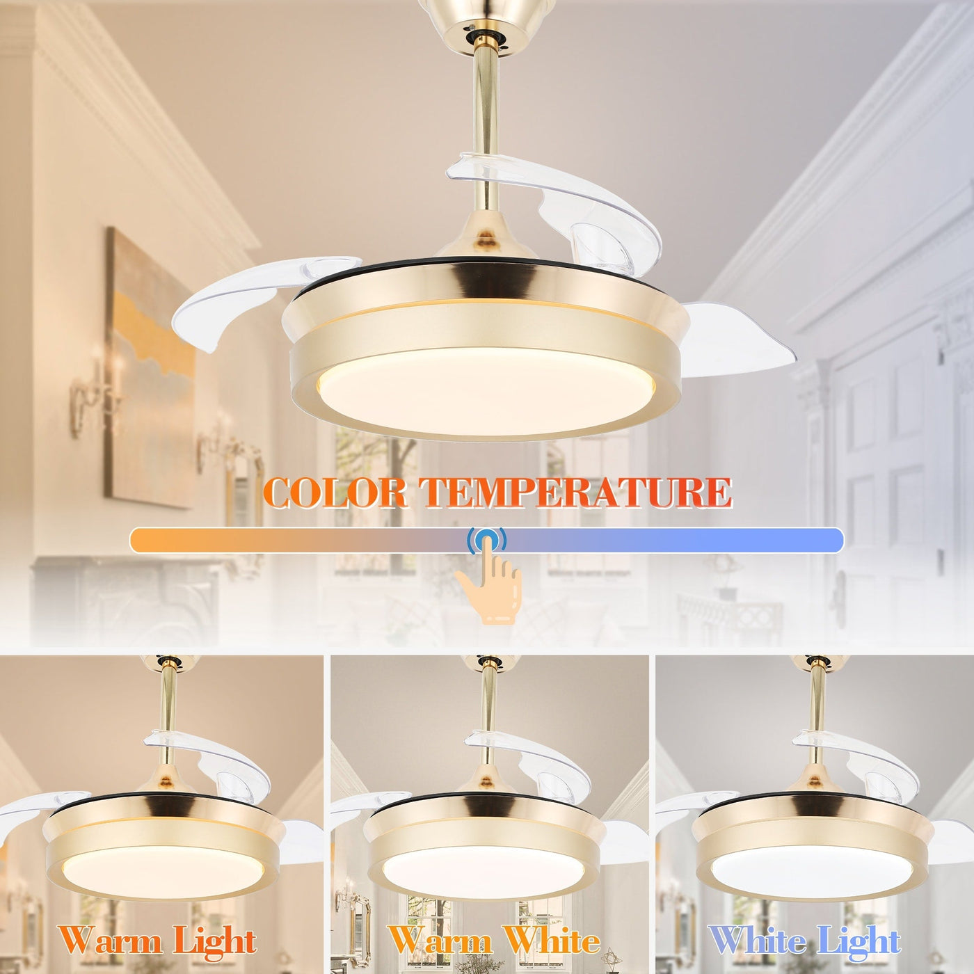 Bella Depot 36 Modern Retractable Ceiling Fan with Led Light, 6-Speed Reversible Blades with Remote