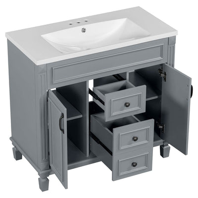 36'' Modern Bathroom Vanity with Top Sink and Mirror Cabinet,2 Doors and 2 Drawers