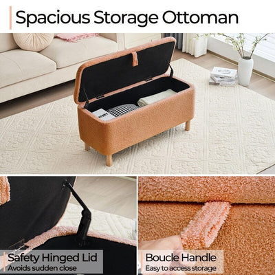39.5 Off White Boucle Storage Ottoman Bench Sherpa Storage Bench Ottoman Foot Rest End of Bed for Living Room Bedroom,Wood Leg