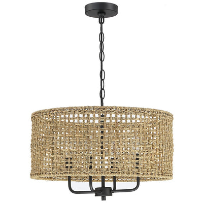 4-Light Bohemian Hand Woven Drum Chandelier - Straw - 20 in. W
