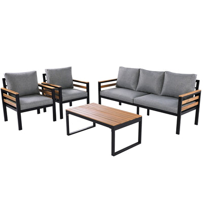 4-Piece Outdoor Sofa Set for 5 People with Removable Cushion & Solid Wood Coffee Table
