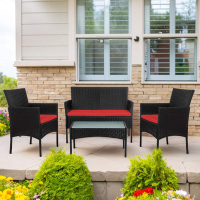 4 Piece Patio Conversation Wicker Furniture Set, Outdoor Rattan Sectional Furniture Set With Cushions