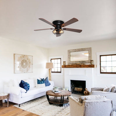 Farmhouse 48-in Wood 5-Blade Low Profile Flush Mount Black Ceiling Fan with Remote and Light Kit